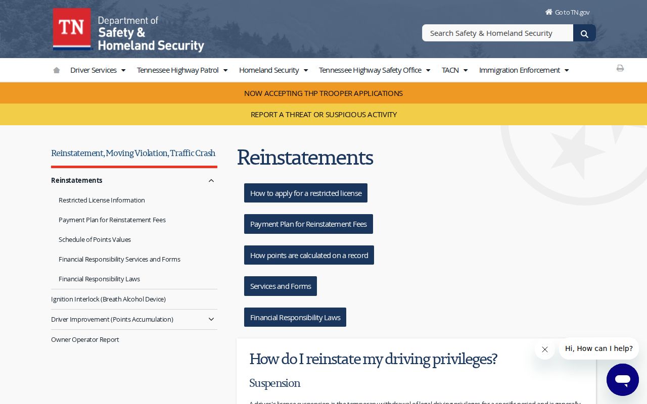 Trousdale County traffic warrant reference, Tennessee license reinstatement information