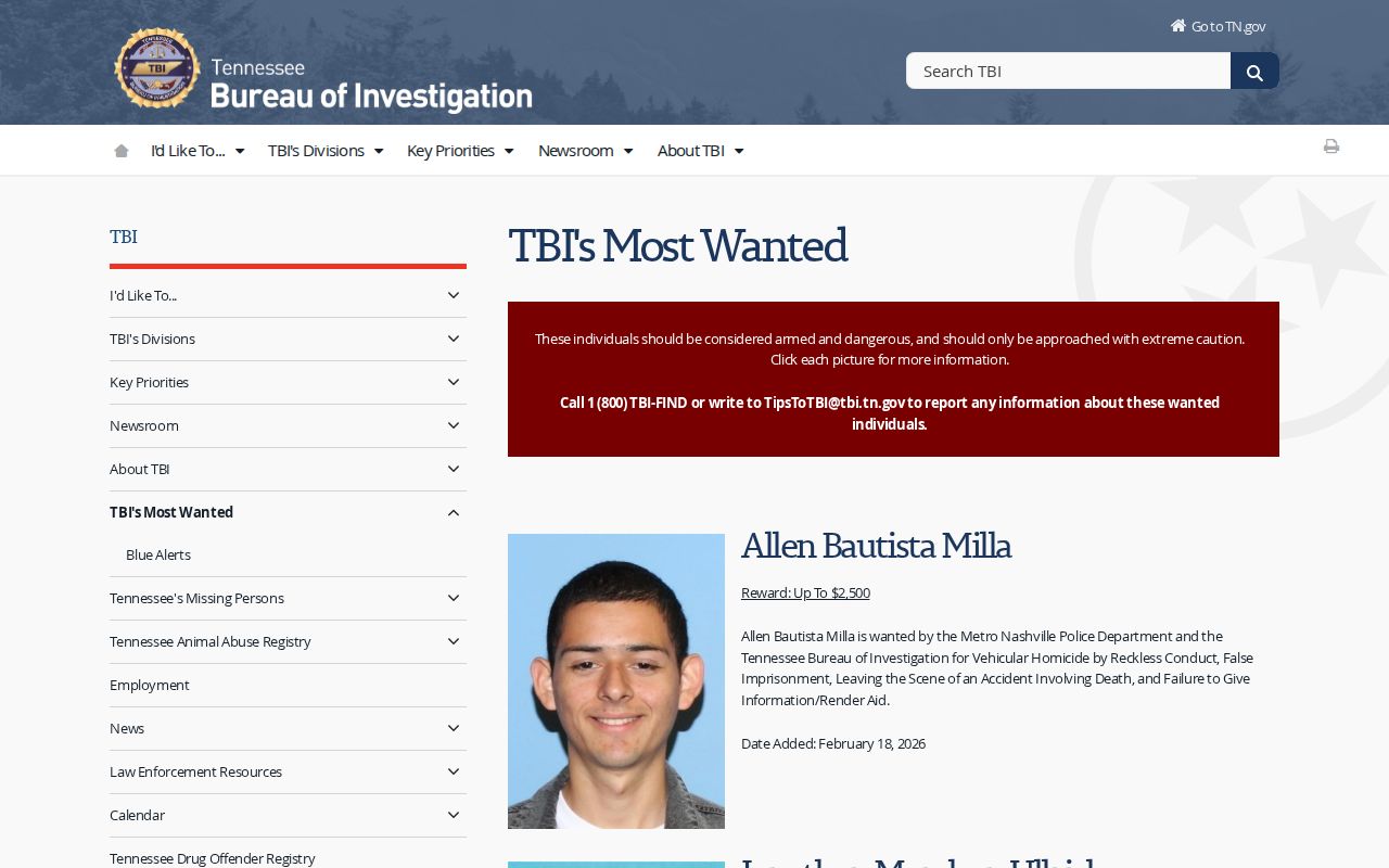 Trousdale County active warrant reference, TBI Most Wanted program warning and tip information