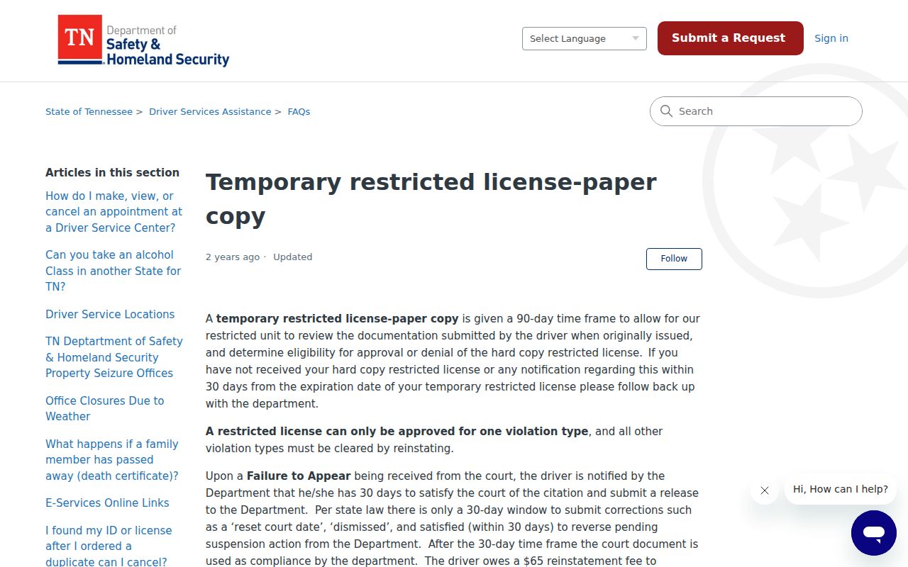 Trousdale County traffic warrant reference, Tennessee Department of Safety FTA guidance