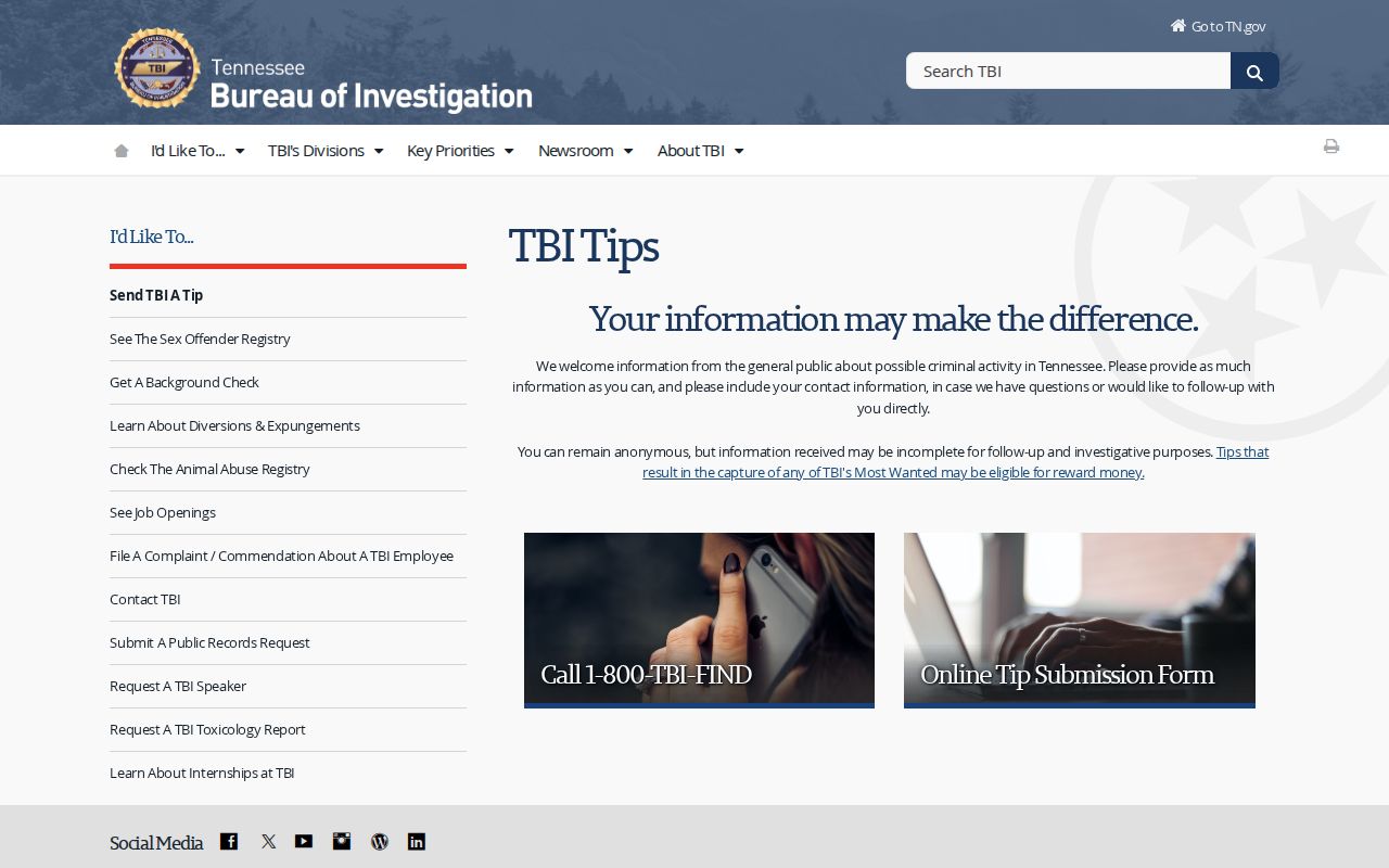 Trousdale County most wanted reference, Tennessee TBI anonymous tip guidance