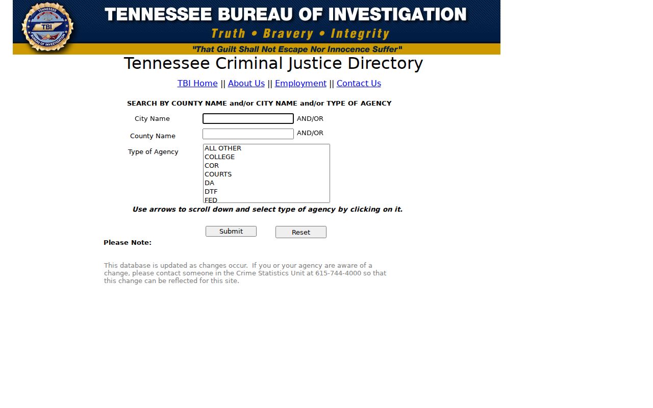 Trousdale County warrant search reference, TBI agency directory fields