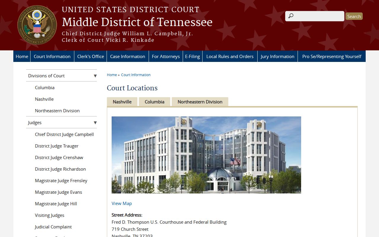 Trousdale County arrest warrant reference, Middle District Nashville courthouse contact