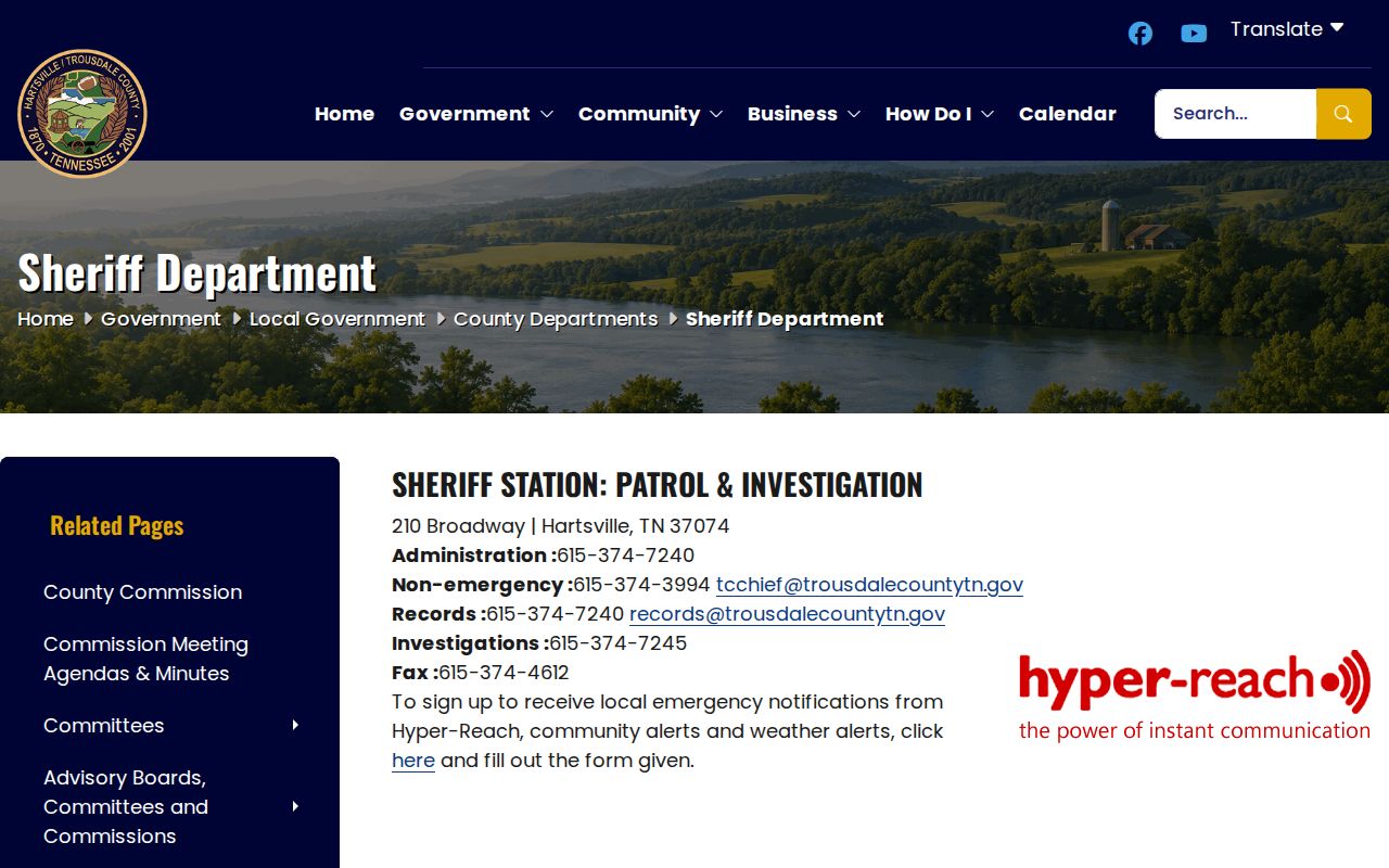 Trousdale County warrant records reference, Sheriff station and jail contact block